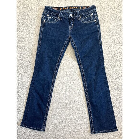 Y2K Rock Revival Easy Straight Jeans Heather Bling Embellished Flap Pocket - Picture 4 of 16